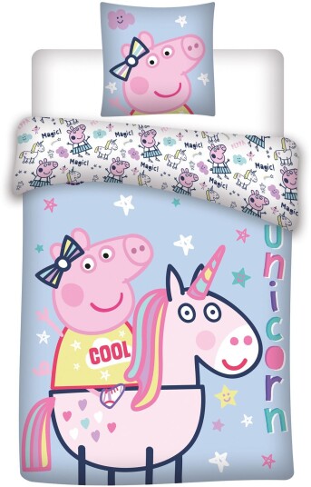 Licens Gurli gris sengetøy - 150x210 cm - Gurli gris og enhjørning - 2 i 1 design - 100% bomull