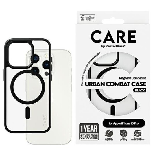 Care by PanzerGlass Urban Combat MagSafe deksel for iPhone 15 Pro gjennomsiktig svart