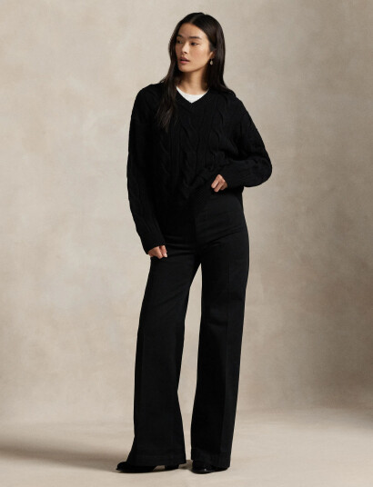 Polo Ralph Lauren Cable-Knit Wool-Cashmere V-Neck Sweater - Black - XS