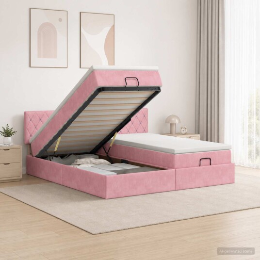 vidaXL Ottoman Seng med Madrass og LED Rosa 160 x 200 cm Fløyel