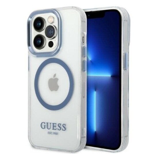 Guess Iphone 14 Pro Max Hardt Deksel Magsafe Metal Outline Blå 6,7"