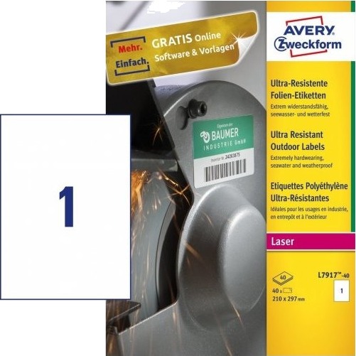 Avery L7917 40 Hvit Selvklebende Skriveretikett A4 Polyetylen Laser Permanent