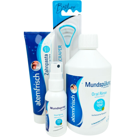 Pakketilbud Dårlig ånde ATEMFRISCH Munnvann + Tannkrem + Munnspray + Tungerens GRØNN Pakketilbud Dårlig ånde ATEMFRISCH Munnvann + Tannkrem + Munnspray + Tungerens GRØNN