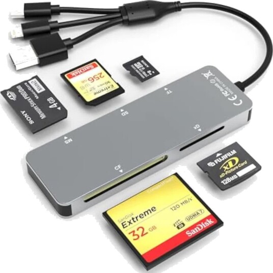 Nördic 5-i-1 minnekortleser USB-A USB-C Lightning CF SD MicroSD MS XD Kompatibel med 2TB 480Mbps Nördic 5-i-1 minnekortleser USB-A USB-C Lightning CF SD MicroSD MS XD Kompatibel med 2TB 480Mbps
