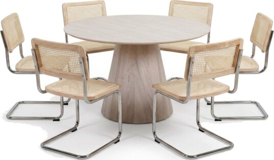 Siena spisegruppe rund 130 cm hvitlasert med 6 Build spisestoler Hvitlasert/natur/krom