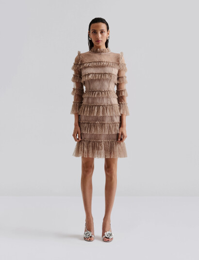 Malina Carmine Frill Mini Lace Dress   Beige   XS
