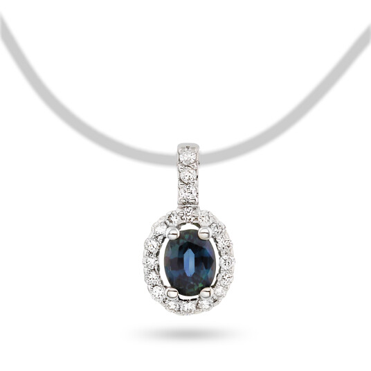 Pan Jewelry, Anheng i 585 hvitt gull med diamanter 0,06 ct og safir