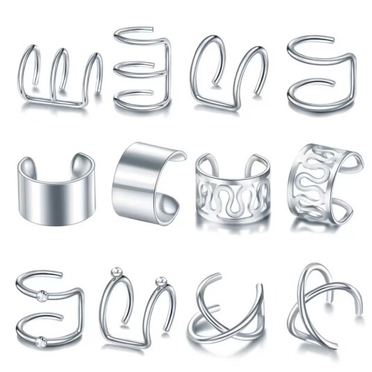 12-pack falske helix piercing ører ørepynt mansjett uten hull sølv