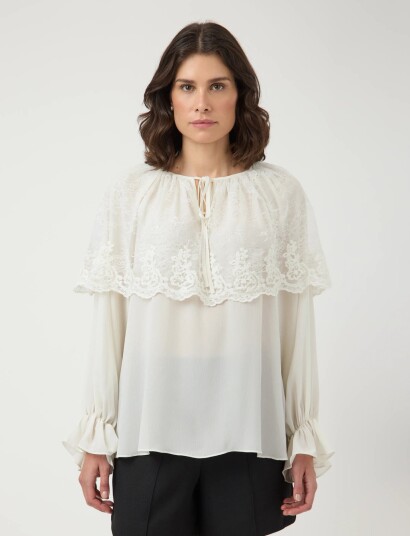 YAS Yasesther Ls Lace Cape Top   Ex   White   42