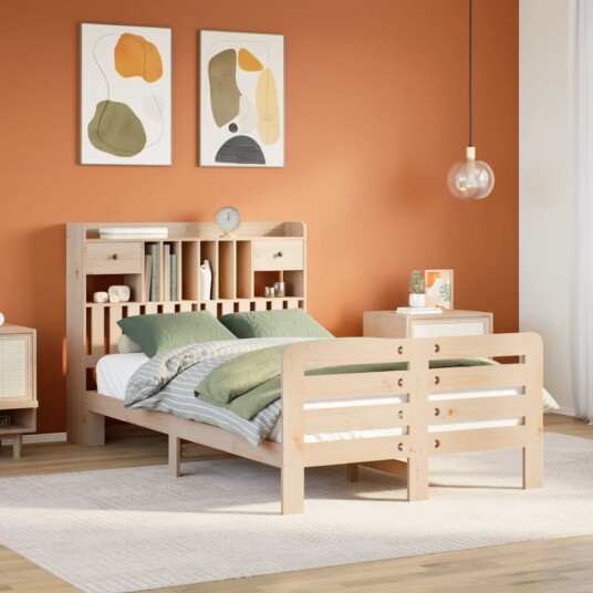 Seng med bokhylle uten madrass 135x190 cm heltre furu 8721158411617