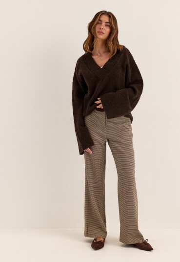 Check Mid Waist Wide Trousers