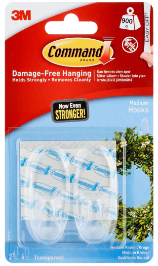 3M Command Medium gjennomsiktige kroker med gjennomsiktige selvklebende strips 3M Command Medium gjennomsiktige kroker med gjennomsiktige selvklebende strips