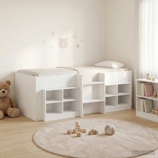 Loft Seng Ramme med Skap med hylle 3 pcs Hvit Konstruert tre