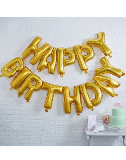 Foliert Gullfarget Happy Birthday Ballong Banner Plukk og Miks