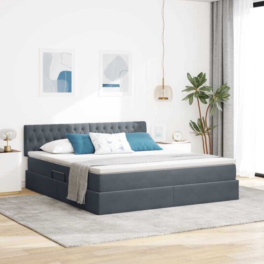 Seng med Oppbevaring med madrass Mørkegrå 160 x 200 cm Fløyel Seng med Oppbevaring med madrass Mørkegrå 160 x 200 cm Fløyel