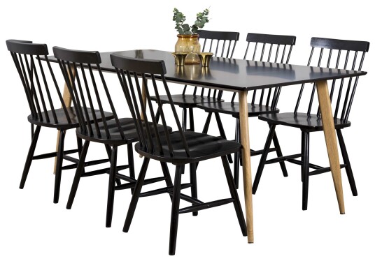 Venture Design Polar & Lönneberga spisegruppe Svart/svart 6 st stoler & bord 180 x 90 cm