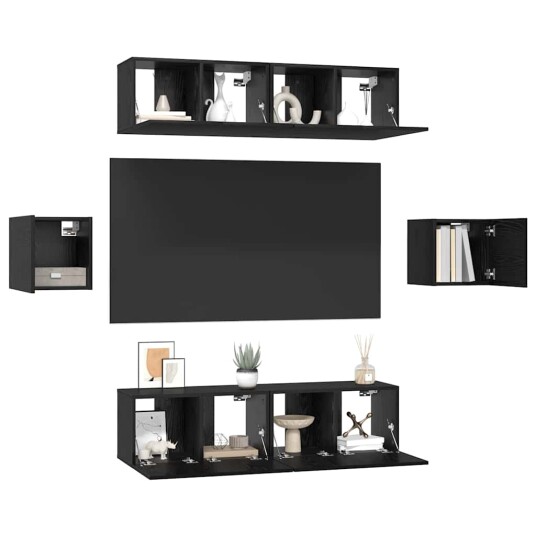 TV benksett Veggmontert 6 pcs Svart eik Konstruert tre TV benksett Veggmontert 6 pcs Svart eik Konstruert tre