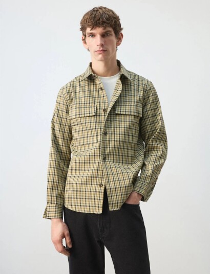 Mango Checked Jacket With Button Print   Khaki green   S