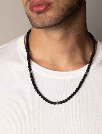Nialaya Beaded Necklace With Matte Onyx And Silver   Black   ONE SIZE 61 cm