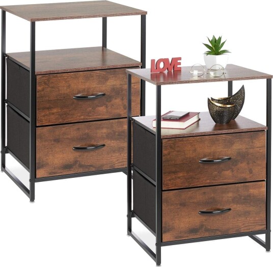 Industrielt nattbord sett med 2 – rustikk tre og metalldesign