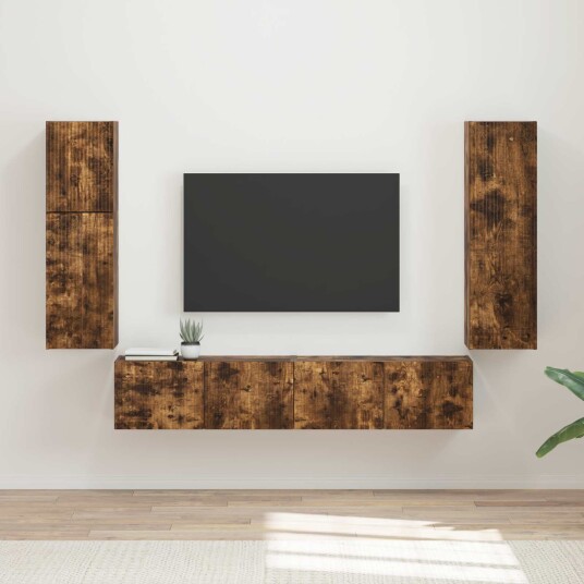 TV benksett Veggmontert 4 pcs Røkt eik Konstruert tre TV benksett Veggmontert 4 pcs Røkt eik Konstruert tre