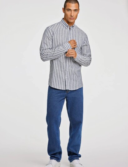 Lindbergh Wide Striped Cotton/Linen Shirt L/S Navy XXL
