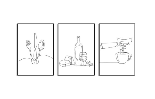 Minimalistisk kjøkken line art plakat Sett av 3