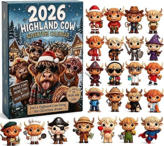 Julenedtelling 2026 Highland Cow Adventskalender 24 stk. assorterte Highland Cow minifigurer daglig overraskelsesblindboks festlig julegave og
