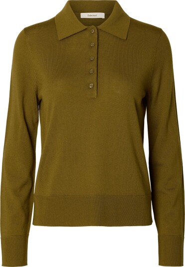 Selected Slwthea Ls Knit Merino Collar Neck Noos Khaki green XXL
