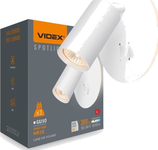 Videx GU10 vegglampe med 5W LED backlight   Hvit inkl. 2 brytere uten GU10 lyskilde   Kulør : Varm