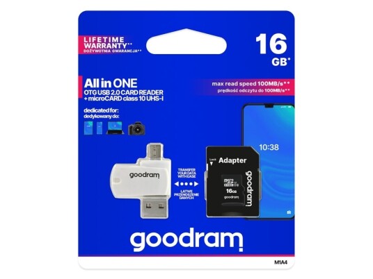 Goodram M1a4 All In One, 16 Gb, Microsdhc, Klasse 10, Uhs-I, 100 Mb/S, 10 Mb/S Goodram M1a4 All In One, 16 Gb, Microsdhc, Klasse 10, Uhs-I, 100 Mb/S, 10 Mb/S
