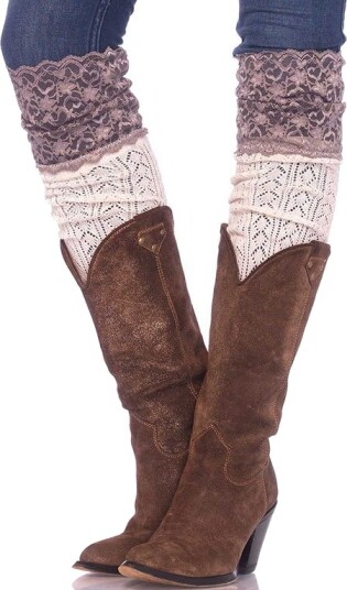 Over-Knee Strømper i Beige med Grå Blondekant