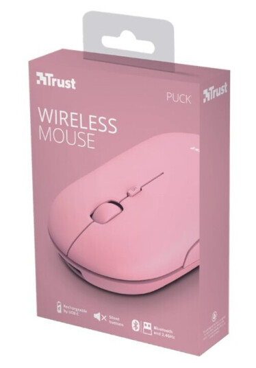 Trust Puck - Mus - Høyre- Og Venstrehåndet - Optisk - 4 Knapper - Trådløs - Bluetooth, 2.4 Ghz - Usb Trådløs Mottaker - Rosa Trust Puck - Mus - Høyre- Og Venstrehåndet - Optisk - 4 Knapper - Trådløs - Bluetooth, 2.4 Ghz - Usb Trådløs Mottaker - Rosa