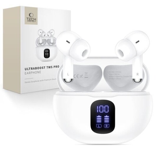 Tech Protect UltraBoost TWS Pro G2 trådløse øretelefoner med LED skjerm   hvit
