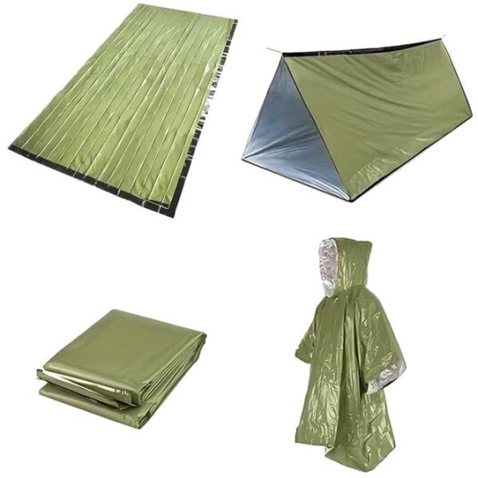 Nødlysett, overlevelsestelt, Mylar-teppe, sovepose, poncho, for camping, fotturer, grønn