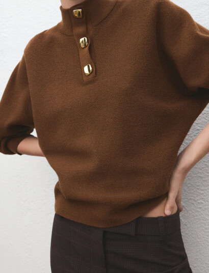 Mango Turtleneck Sweater With Jewel Buttons Brown XS