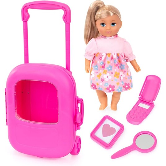 Dukke m/ trillekoffert og tilbehør 28cm