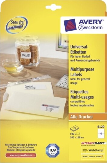 Avery Zweckform 6120   Hvit   A6 105 X 148 Mm 100 EtikettEr 25 Ark X 4 Etiketter