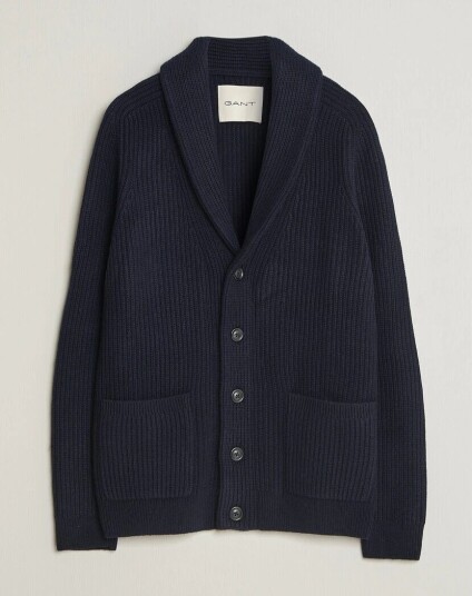 Gant Wool/Cotton Ribbed Shawl Collar Cardigan Evening Blue