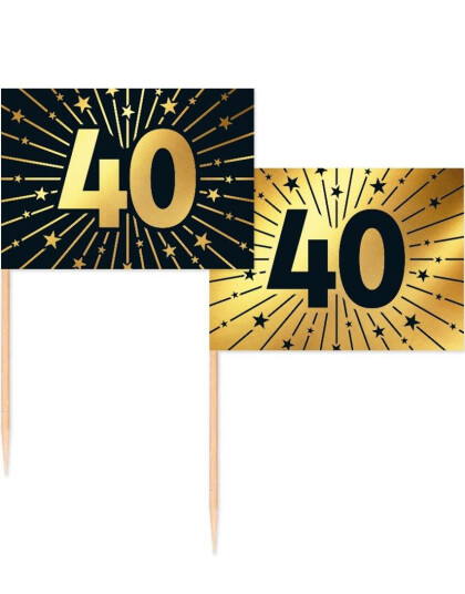 50 Stk 40 år Mat/Kakeflagg 6,5 cm - Svart og Gull 50 Stk 40 år Mat/Kakeflagg 6,5 cm - Svart og Gull