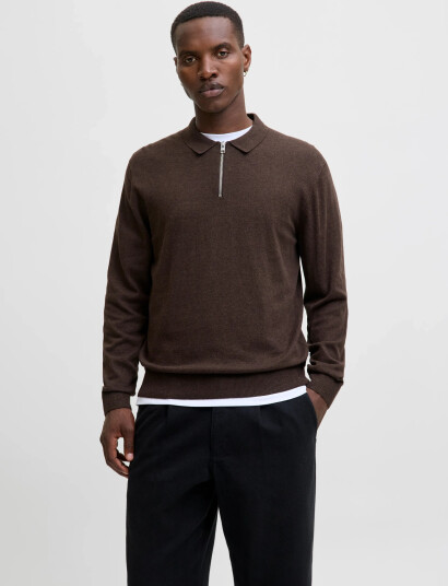Jack & Jones Jjeemil Knit Polo Half Zip Ls Noos - Brown - XXL Jack & Jones Jjeemil Knit Polo Half Zip Ls Noos - Brown - XXL