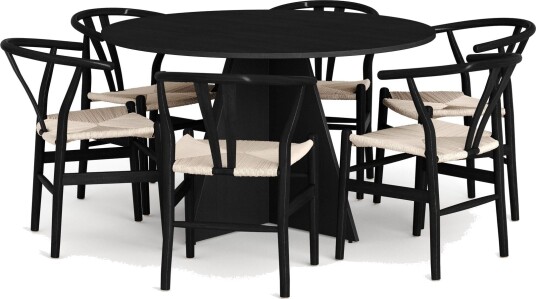 Vera spisegruppe rund 130 cm svart med 6 Dastoori spisestoler   Svart