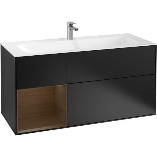 VILLEROY & BOCH FINION SERVANTSKAP 120 SVART MATT LAKK EMOTION-LYS, VENSTRESTILT VALNØTTHYLLE VILLEROY & BOCH FINION SERVANTSKAP 120 SVART MATT LAKK EMOTION-LYS, VENSTRESTILT VALNØTTHYLLE