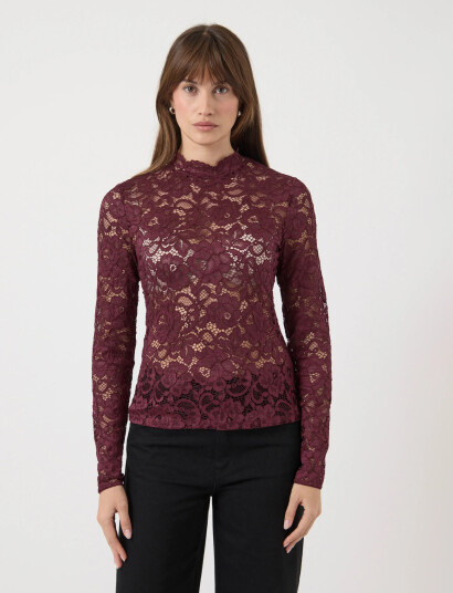 YAS Yaslacey Ls Lace Top S. Noos   Burgundy   L