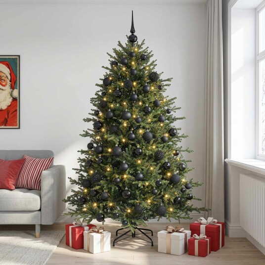 vidaXL Kunstig juletre med julekuler 240 cm 300 LED-lys Varmhvit