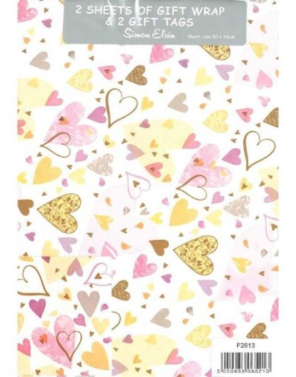 2 stk Hjerte Gavepapir med 2 stk Navnelapper 50x70cm