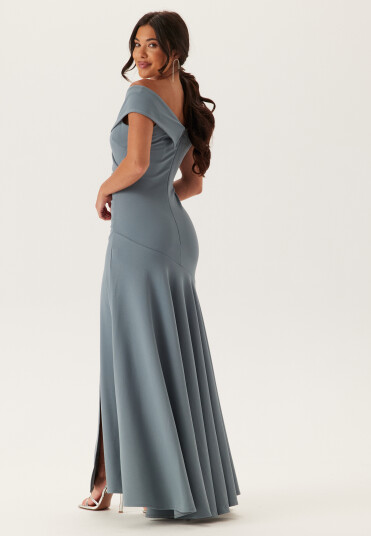 Goddiva Bardot Pleat Maxi Split Dress Light blue M (UK12)
