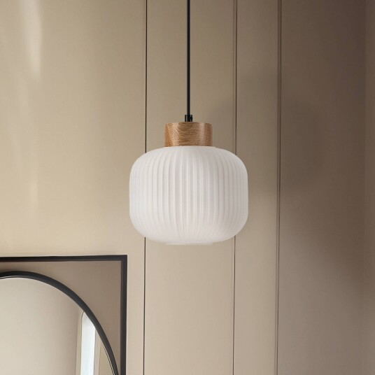 Lamkur Lighting Harmony hengelampe Ø 20 cm opalt glass eiketre E27