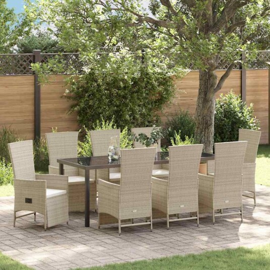 9 Delers Hage Spisebordsett med Puter Beige Poly Rattan