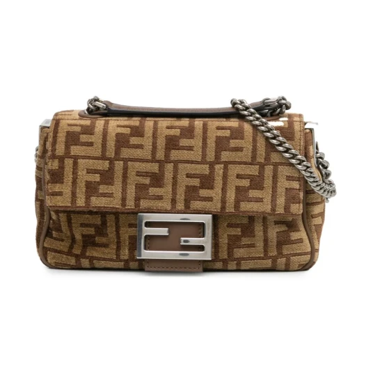 Fendi Zucca Wool Chain Midi Baguette Brown